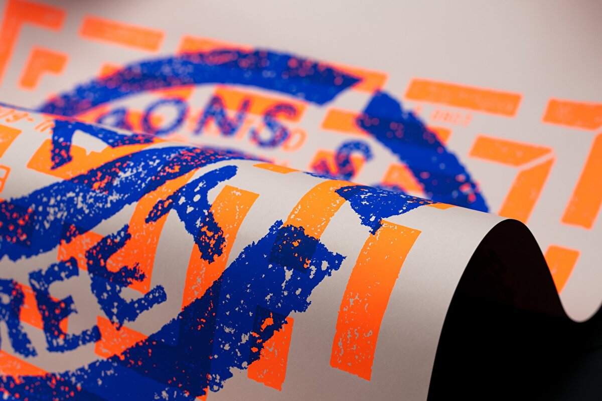 Colorful screen-printed poster depicting a detaile